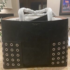 Authentic Tory Burch Black Suede Leather Block T Tote Purse Handbag NEW